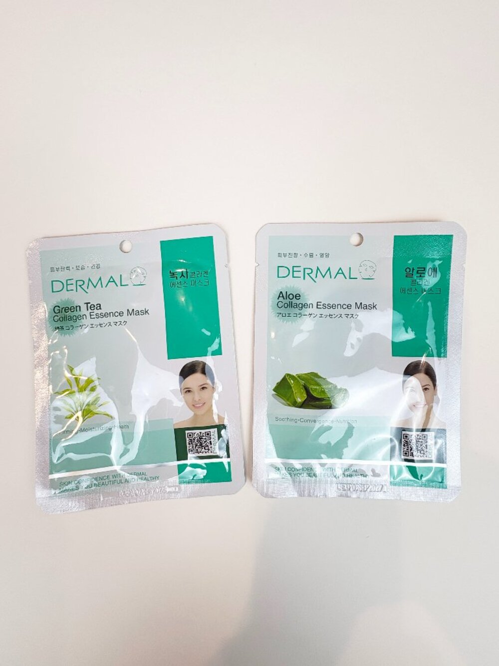 Set of Dermal Green Tea Collagen and Aloe Collagen Essence Masks. Korean Beauty